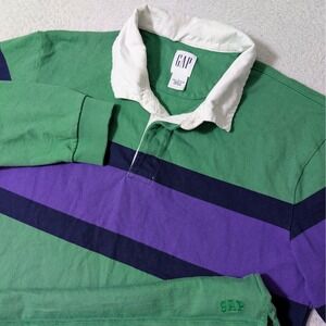Vintage Gap Rugby Shirt Mens L Green Purple Navy Striped L/S Cotton Twill Collar